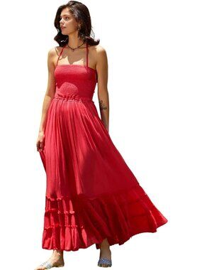 Women's Punch Red Summer Boho Sexy Backless Long Comfortable Stylish Maxi Dress